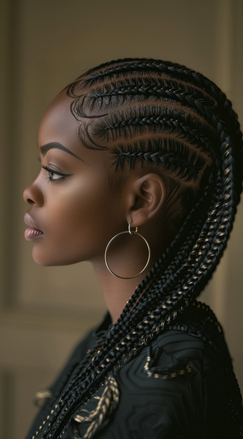 Feed-in braids styled in an intricate pattern on a young woman with large hoop earrings.