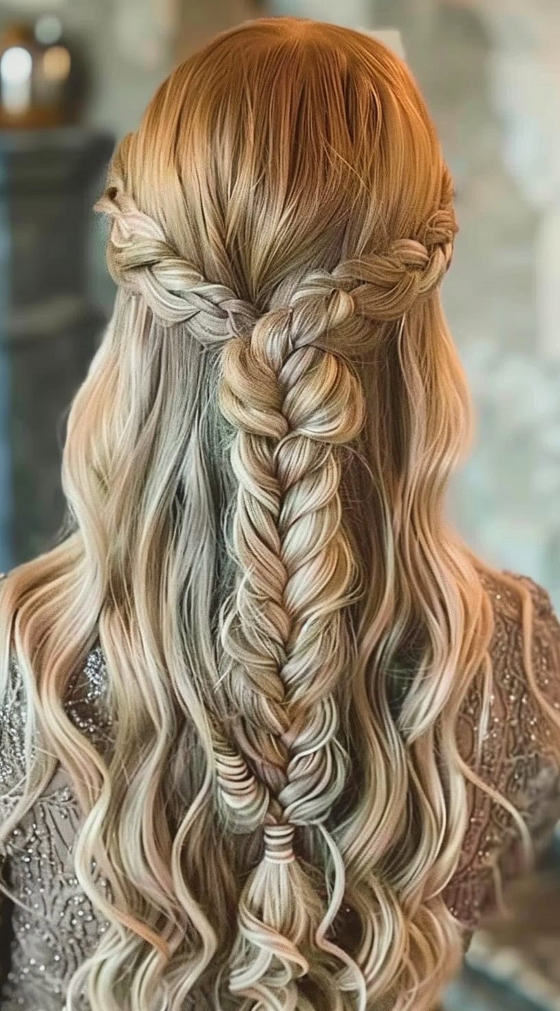 This photo shows a half-up hairstyle with a fishtail braid and a braided crown, complemented by long waves.