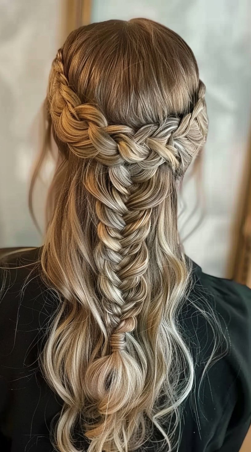 This image displays a half-up, half-down hairstyle with a fishtail braid connected to a braided crown.