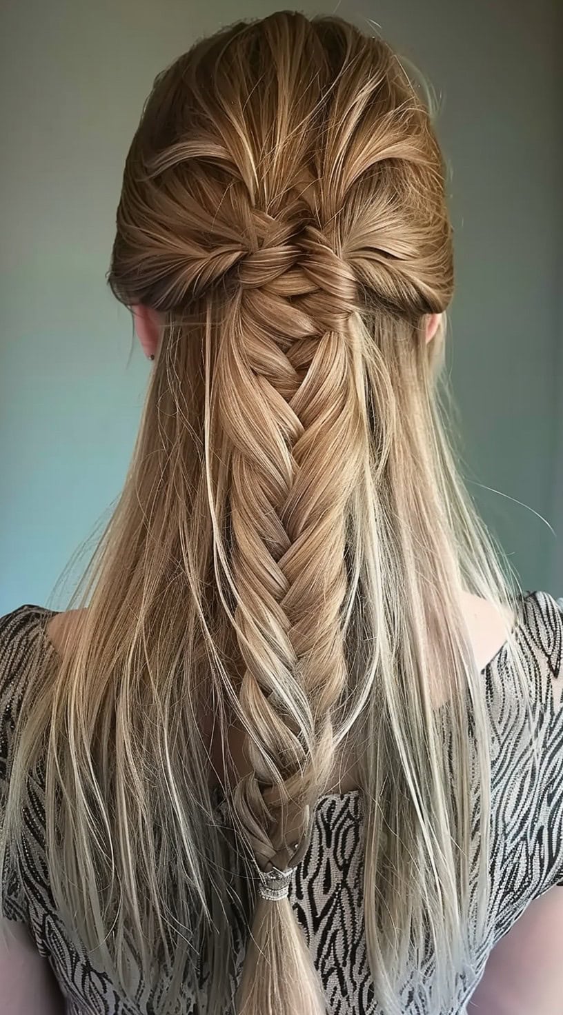 This photo features a half-up hairstyle with a fishtail braid and sleek, straight hair.