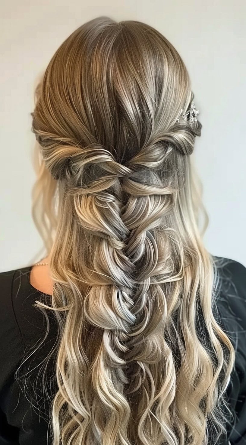 This photo shows a half-up, half-down hairstyle with a fishtail braid made with large sections and wavy hair cascading down.