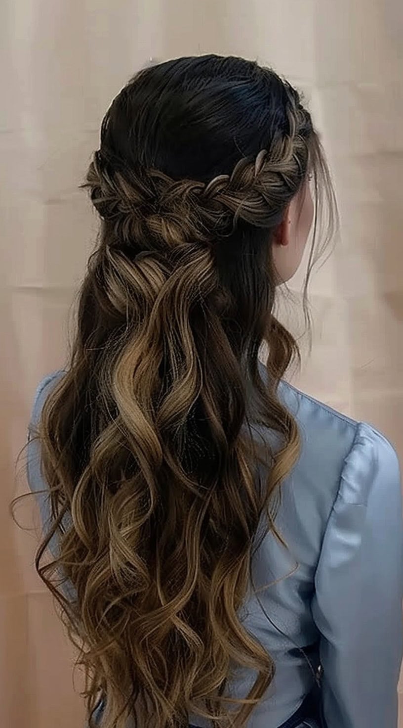 This image depicts a half-up, half-down hairstyle with a fishtail braided crown.