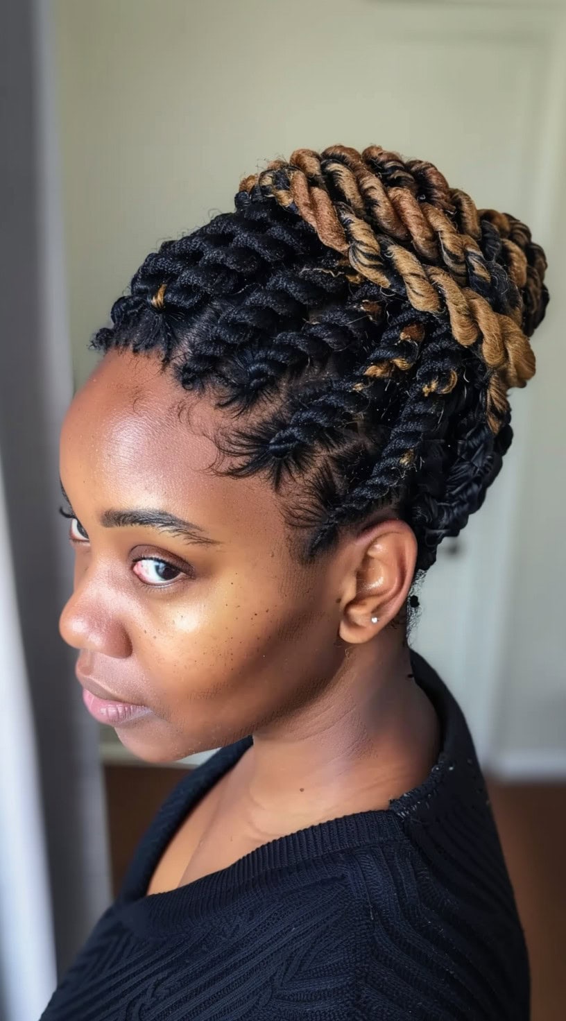 Side view of a woman with a flat twists updo, showcasing highlights.