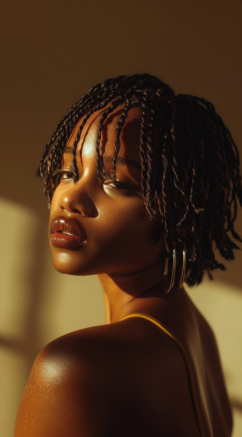 Stylish woman with a flipped-out bob of crochet twists and bangs, bathed in warm, golden light.