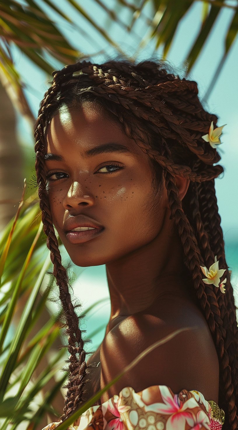 A woman with goddess braids accented with flowers standing on a beach with palm trees.