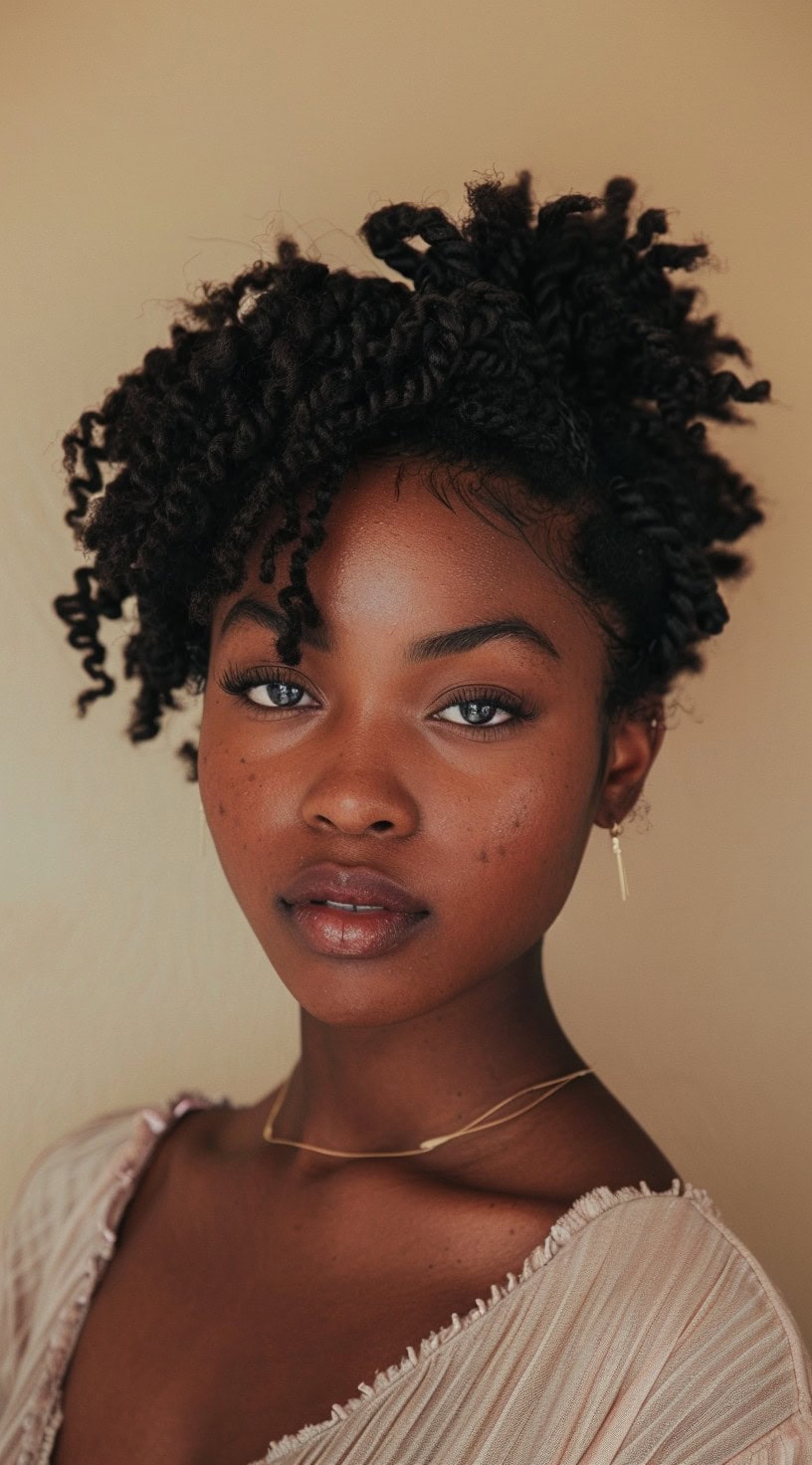 This image shows a woman with fluffy crochet twists styled into an updo.