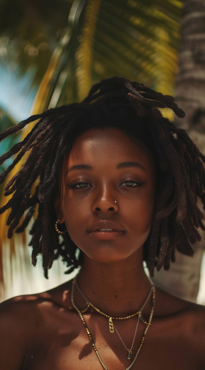 In the photo, a woman with freeform dreadlocks stands in front of a palm tree.