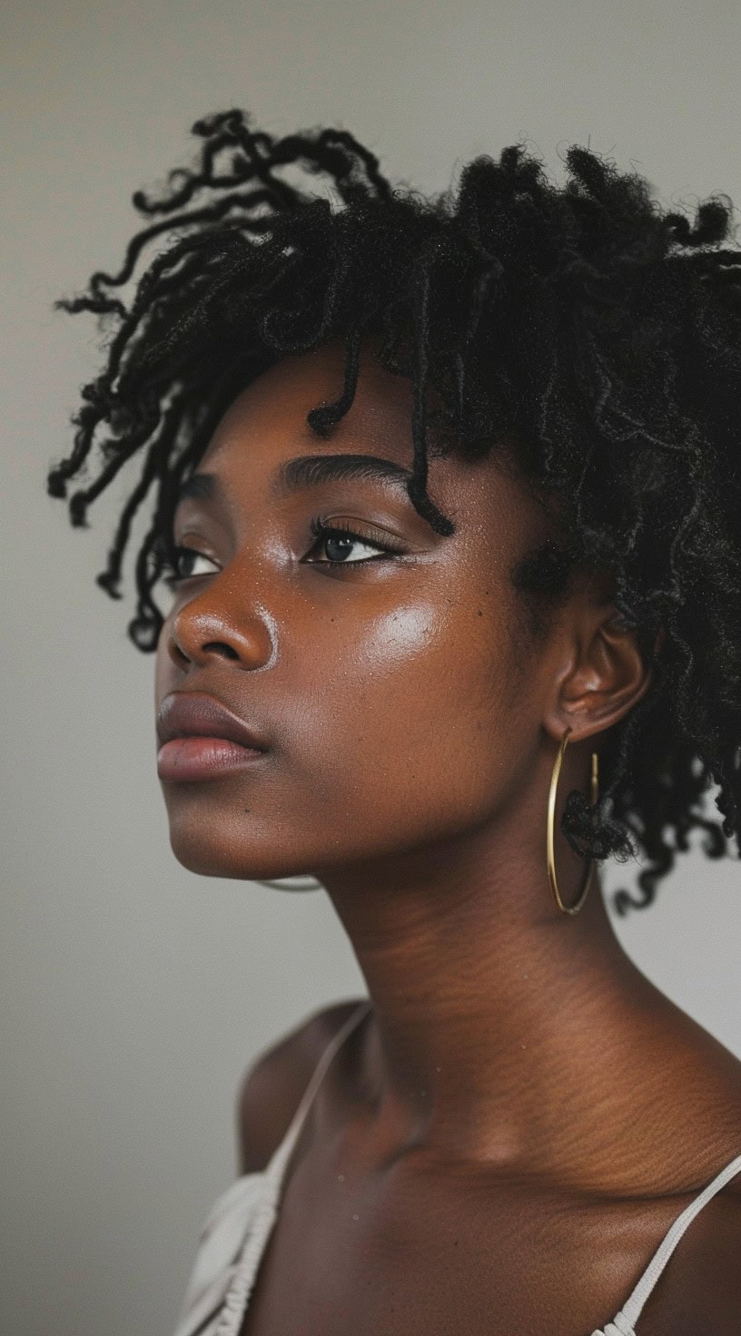 In this photo, a woman with freeform thin locs looks to the side, emphasizing the natural and unstructured style of her hair.