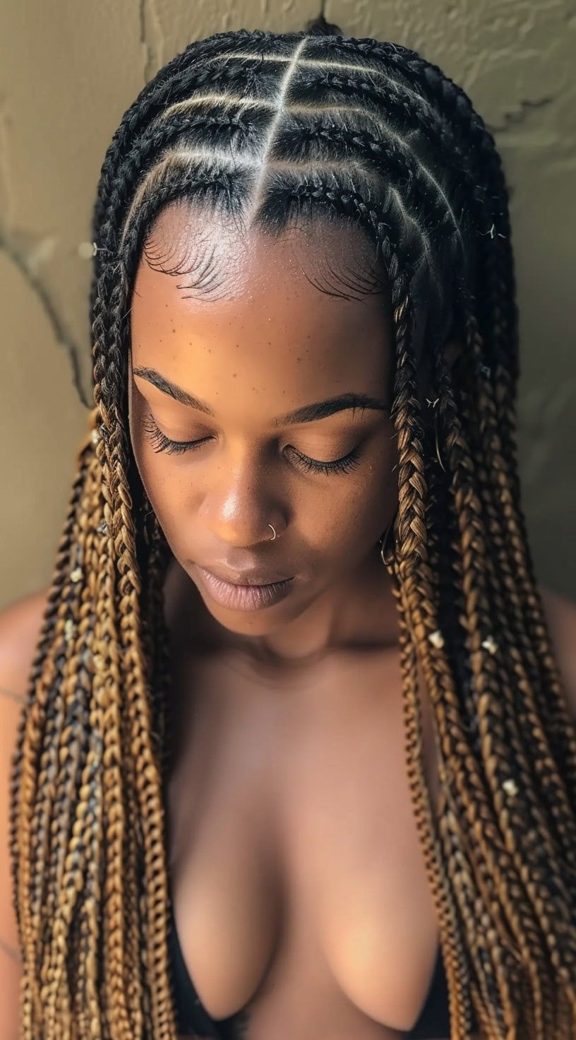 Fulani braids with golden extensions and intricate patterns on a young woman.