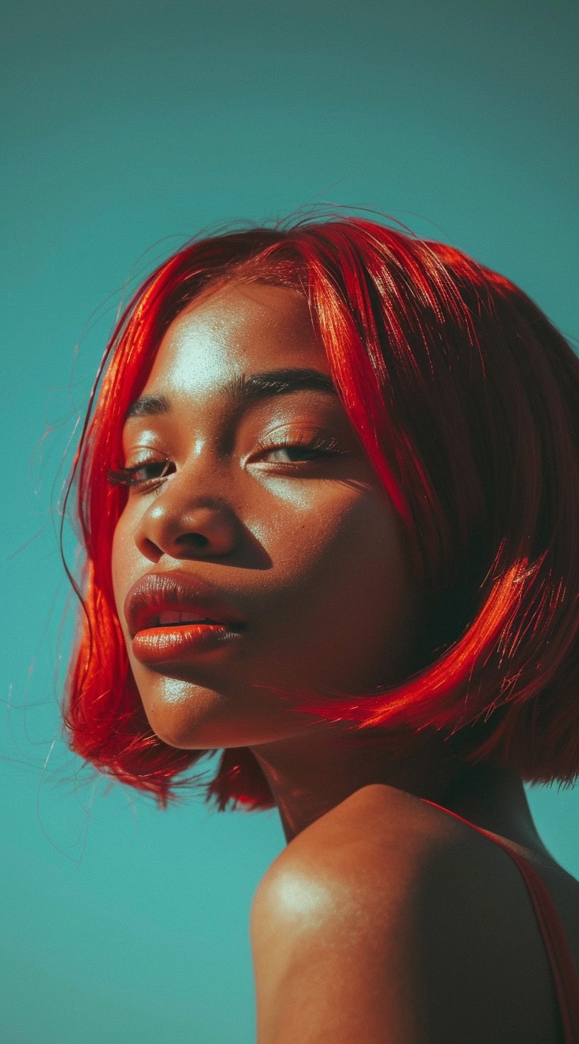 In the photo, a woman with a sleek, glossy red blunt bob is shown.