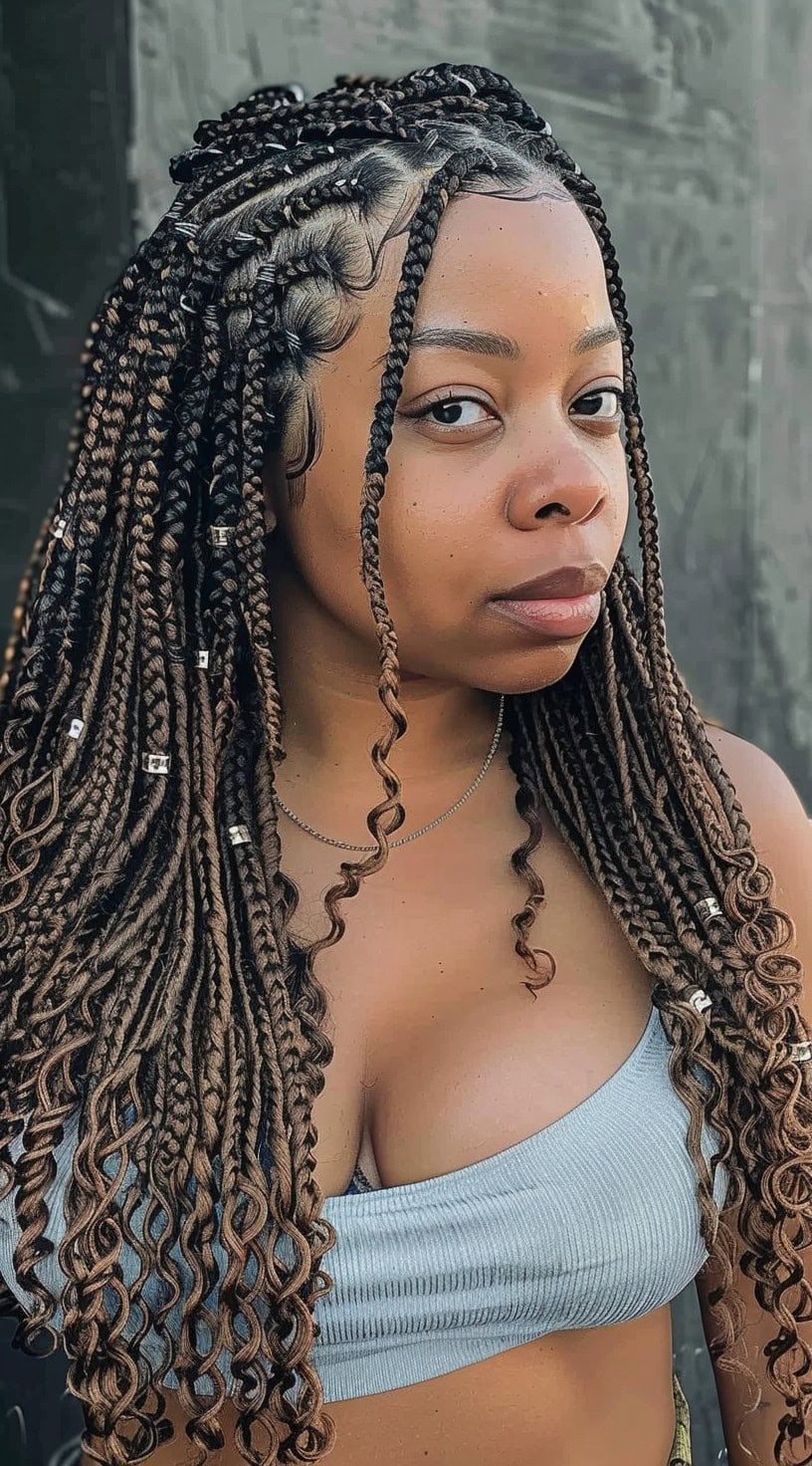 Goddess braids styled in large, defined sections on a woman with a light blue top.