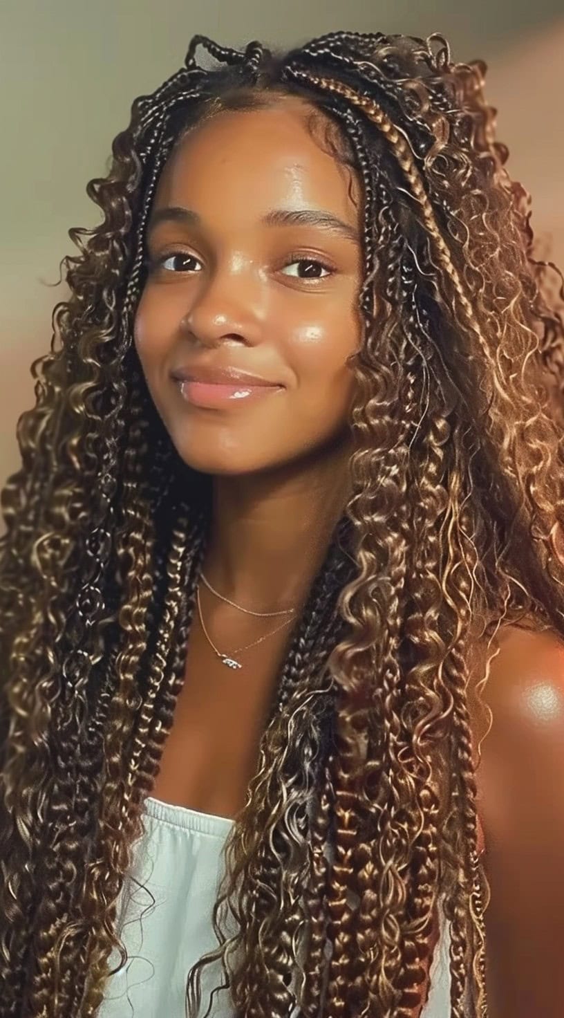 Goddess braids are large, neatly plaited braids with curly ends, shown on a young woman with highlighted hair.