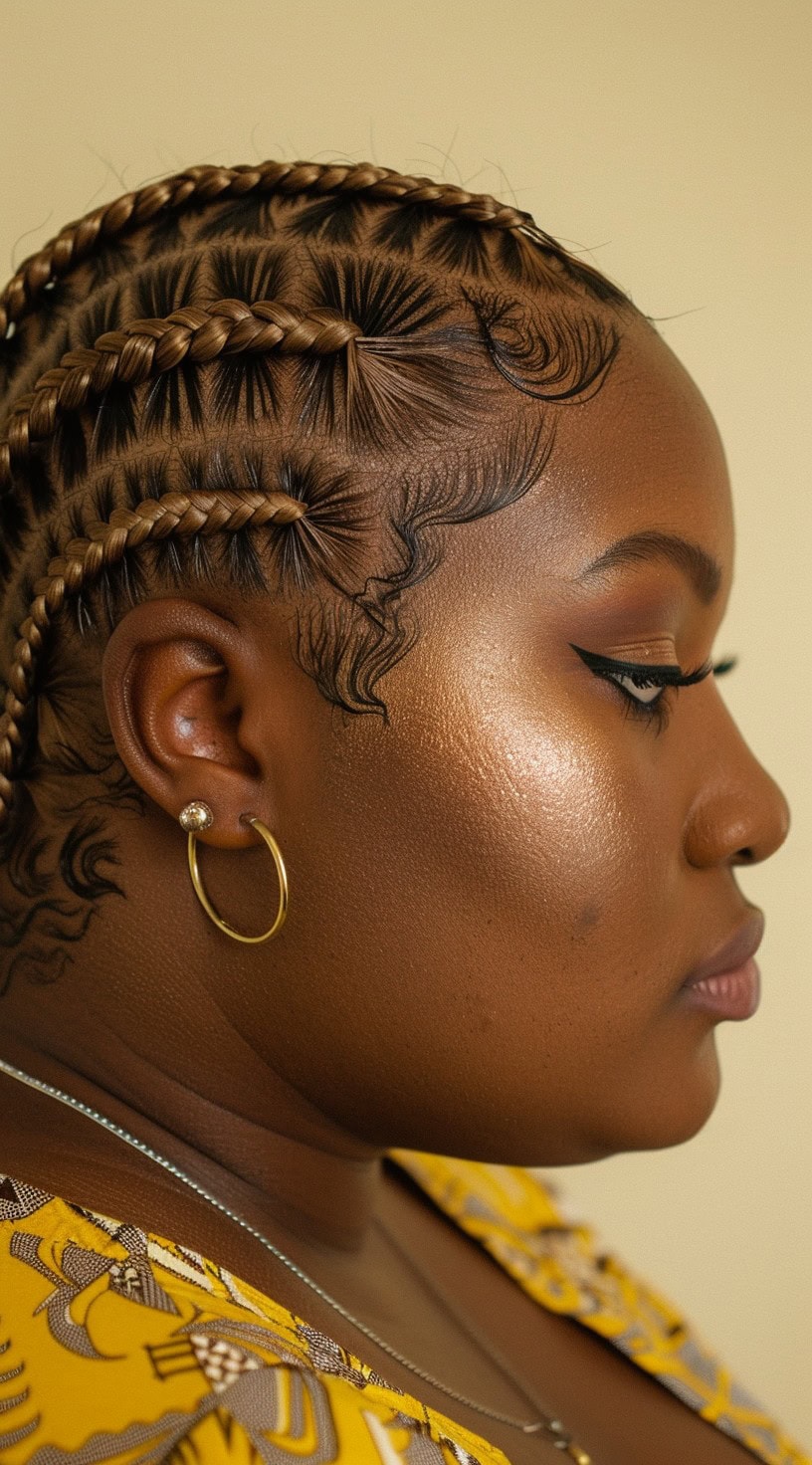 This image shows a black woman with golden cornrows styled in intricate patterns with baby hairs styled along the hairline.