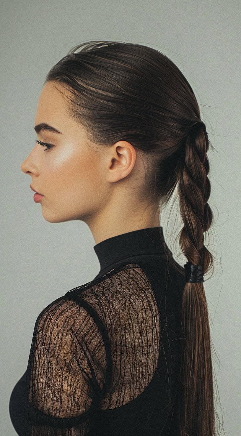 A woman with a sleek ponytail partially braided at the top, wearing a black lace top.