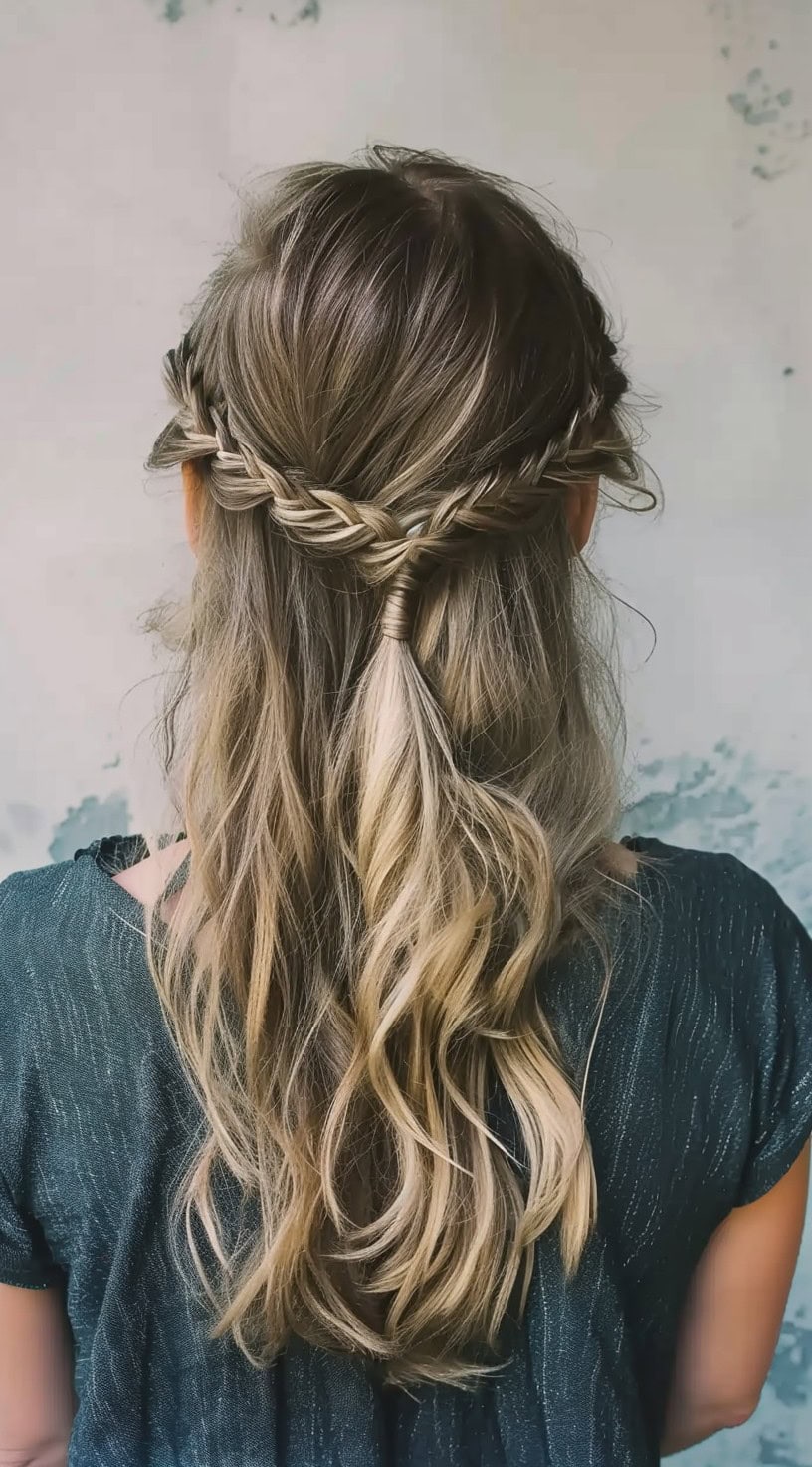 This image depicts a half-up hairstyle with a fishtail braid and loose waves.