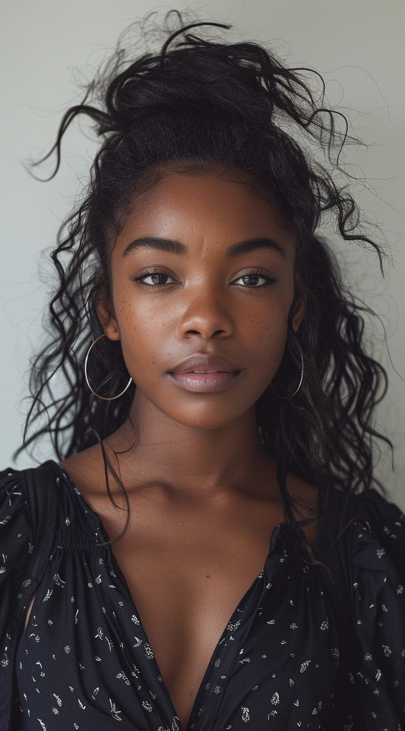 A young woman with a half-up half-down hairstyle, with loose waves framing her face.