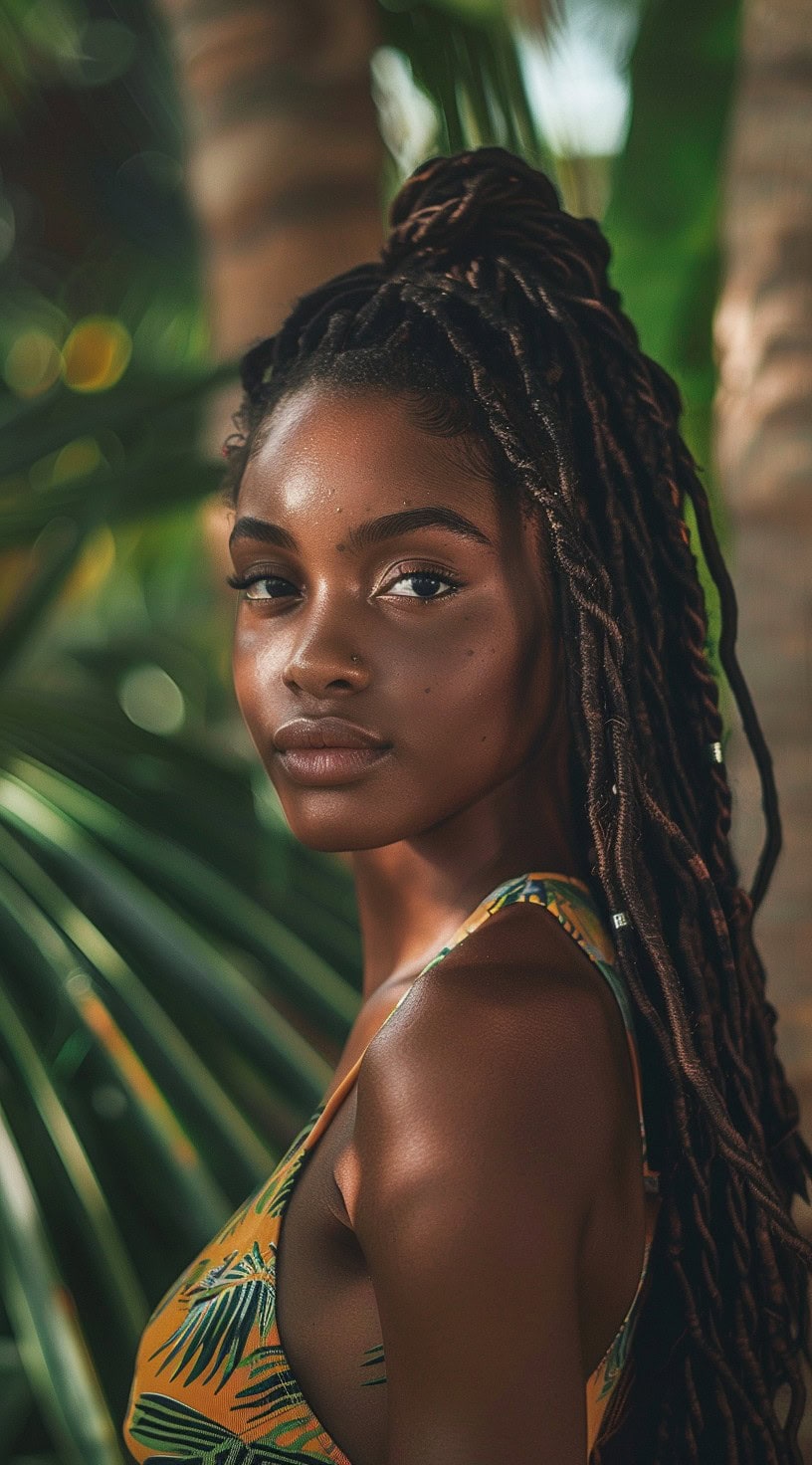 A woman with half-up, half-down faux locs standing in front of tropical greenery.