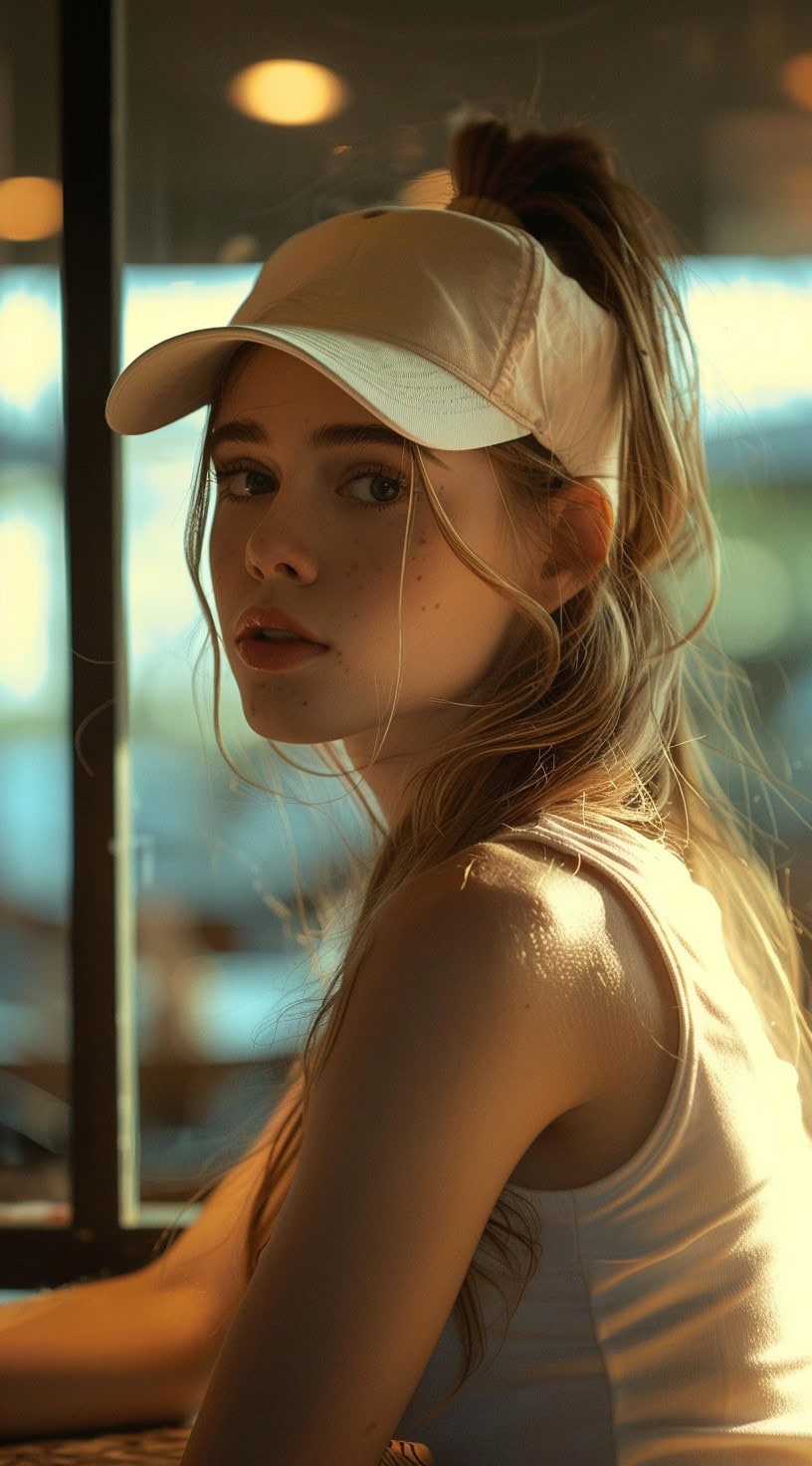 Close-up of a woman with a half-up, half-down ponytail wearing a white cap, in a softly lit environment.