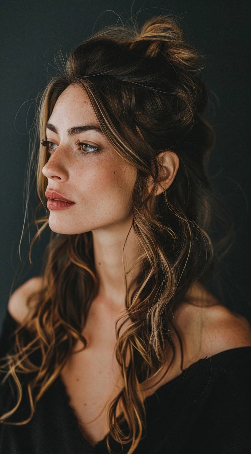 Half-up, half-down hairstyle with the top section pinned back for added volume.