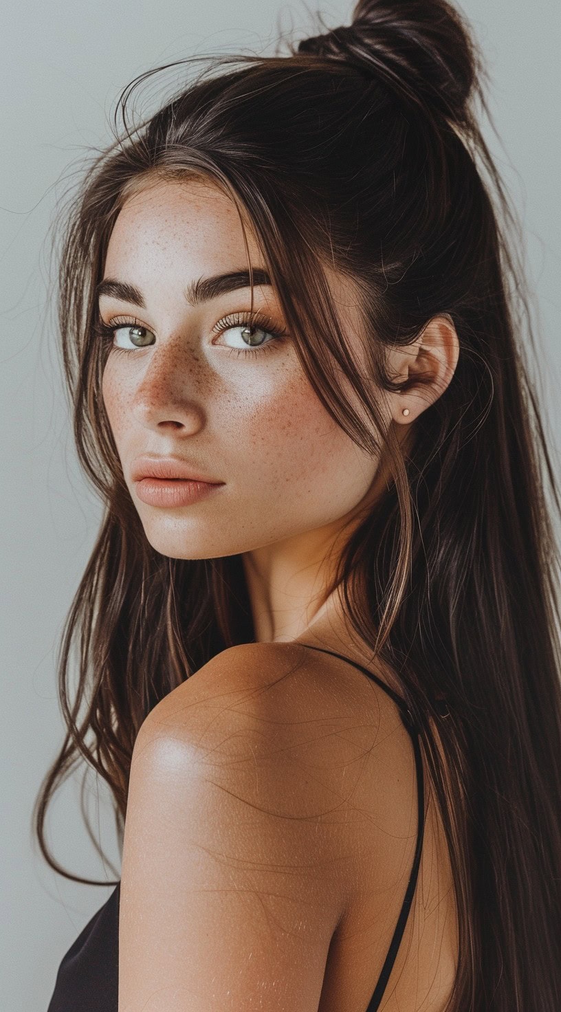 In this photo, a woman with a half-up top knot and loose waves looks over her shoulder.