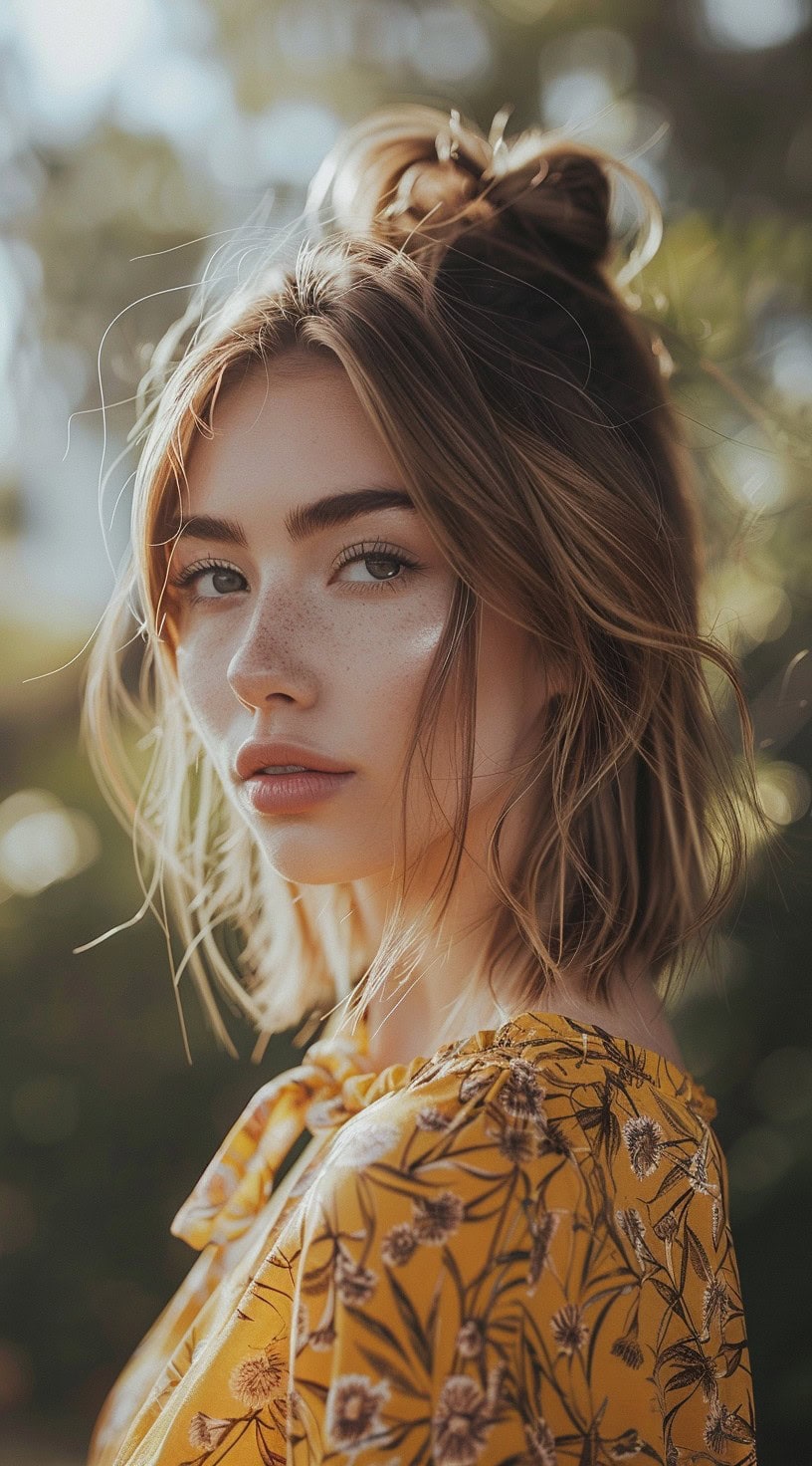 In the photo, a woman with a half-updo lob hairstyle is captured outdoors with natural light highlighting her features.