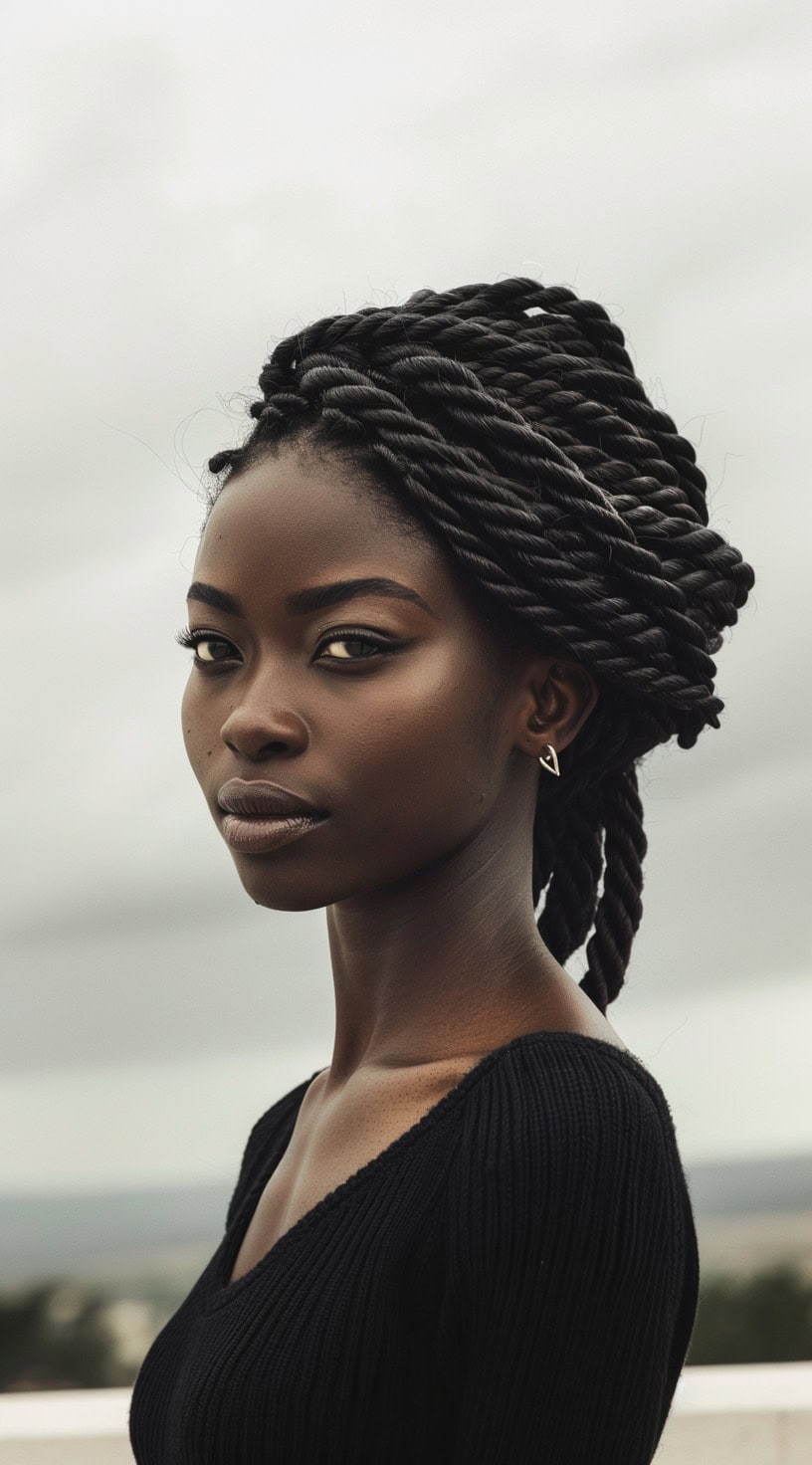 Havana twists styled in medium-length twists with a natural finish on a young woman.