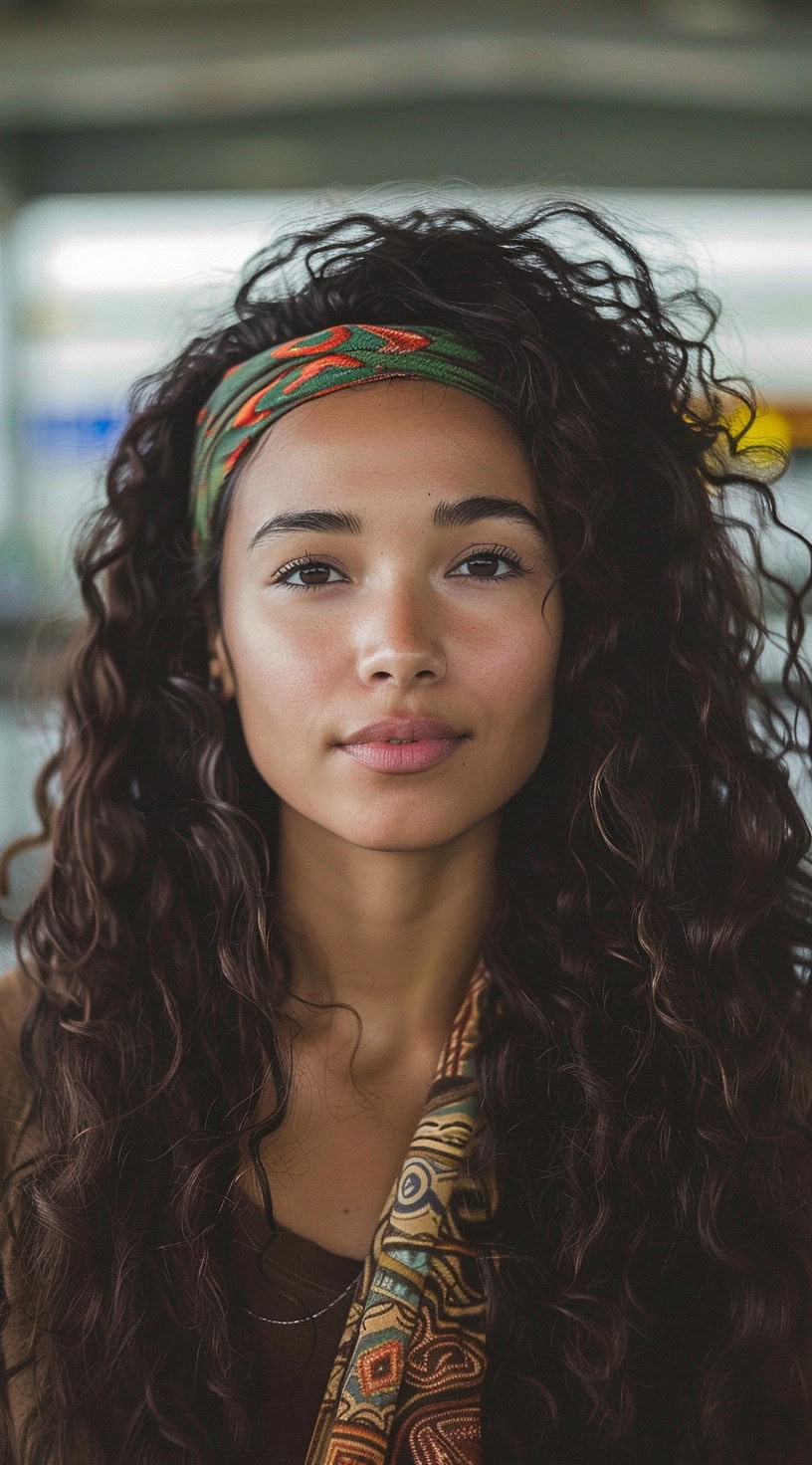 This photo shows a woman with loose curly hair held back with a colorful headband.