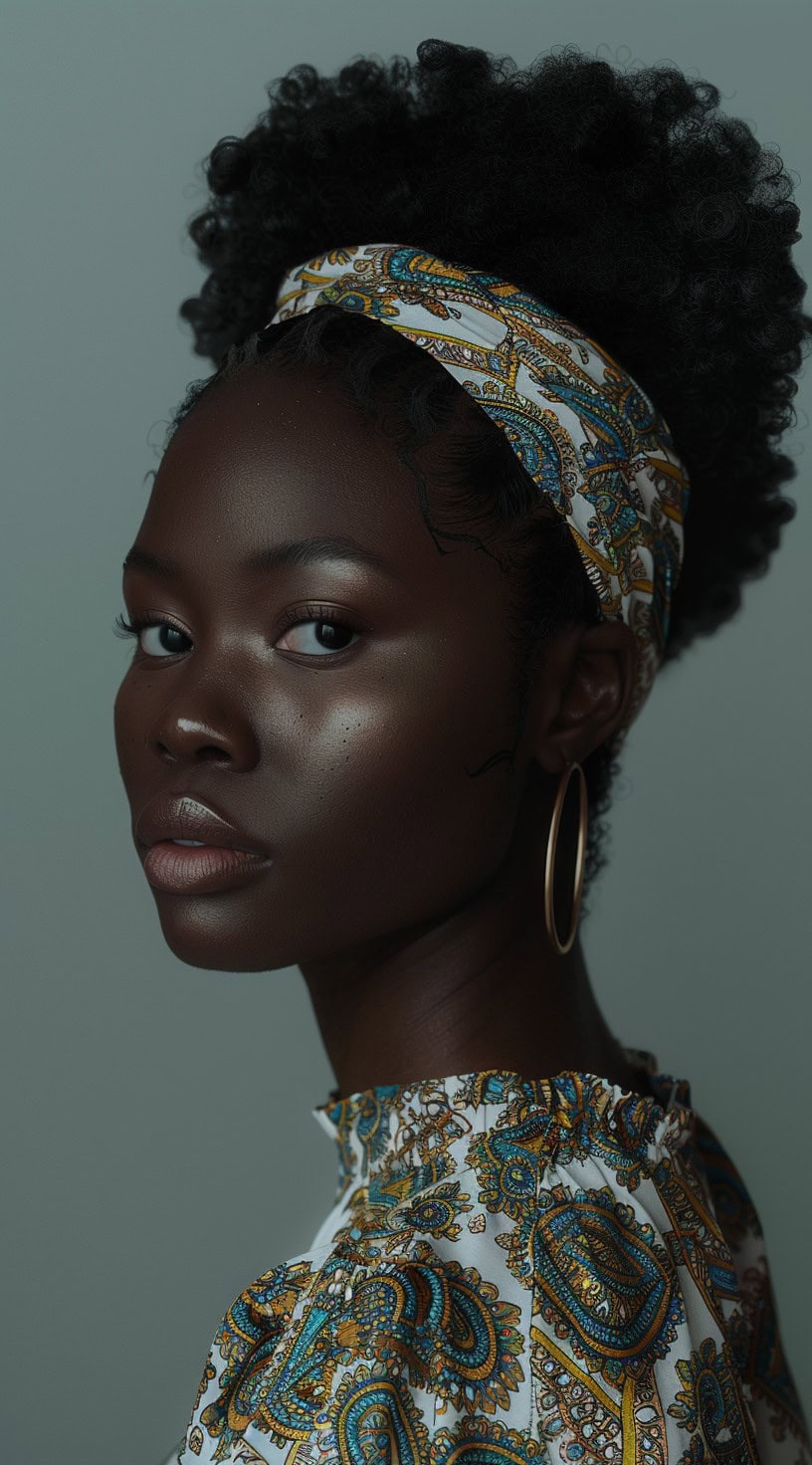 Side profile of a woman with a headband puff hairstyle.