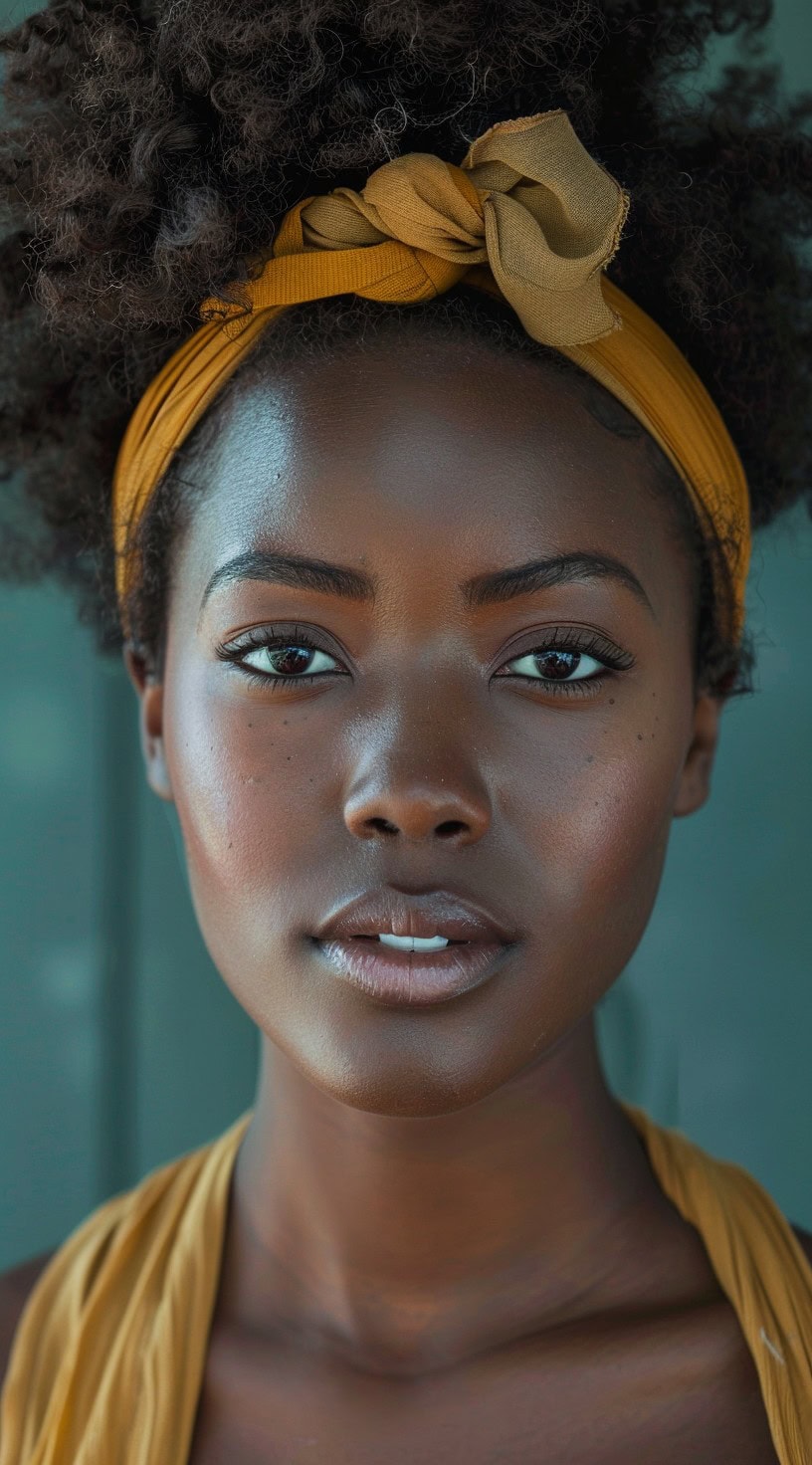 A woman with a headscarf updo, with her natural hair gathered and wrapped in a stylish headscarf.