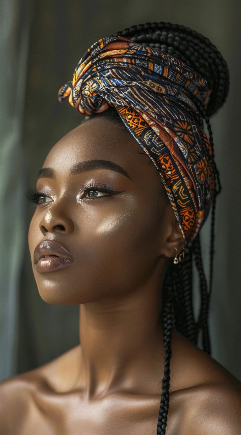 Headwrap styles feature a colorful, patterned wrap styled around braids, shown on a woman with glowing skin.