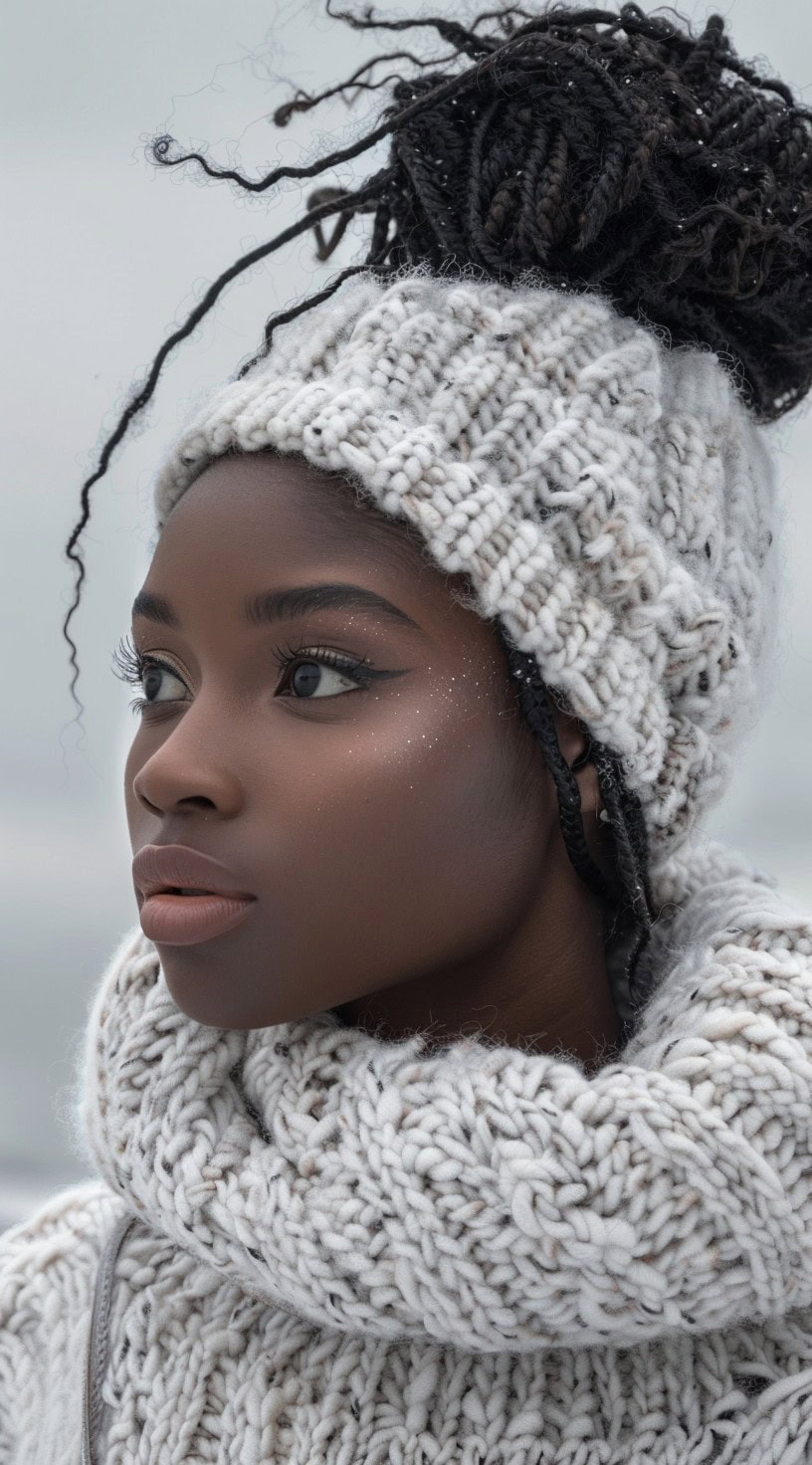 A woman with a high braided bun is wearing a white beanie that accommodates the bun, creating a chic winter look.