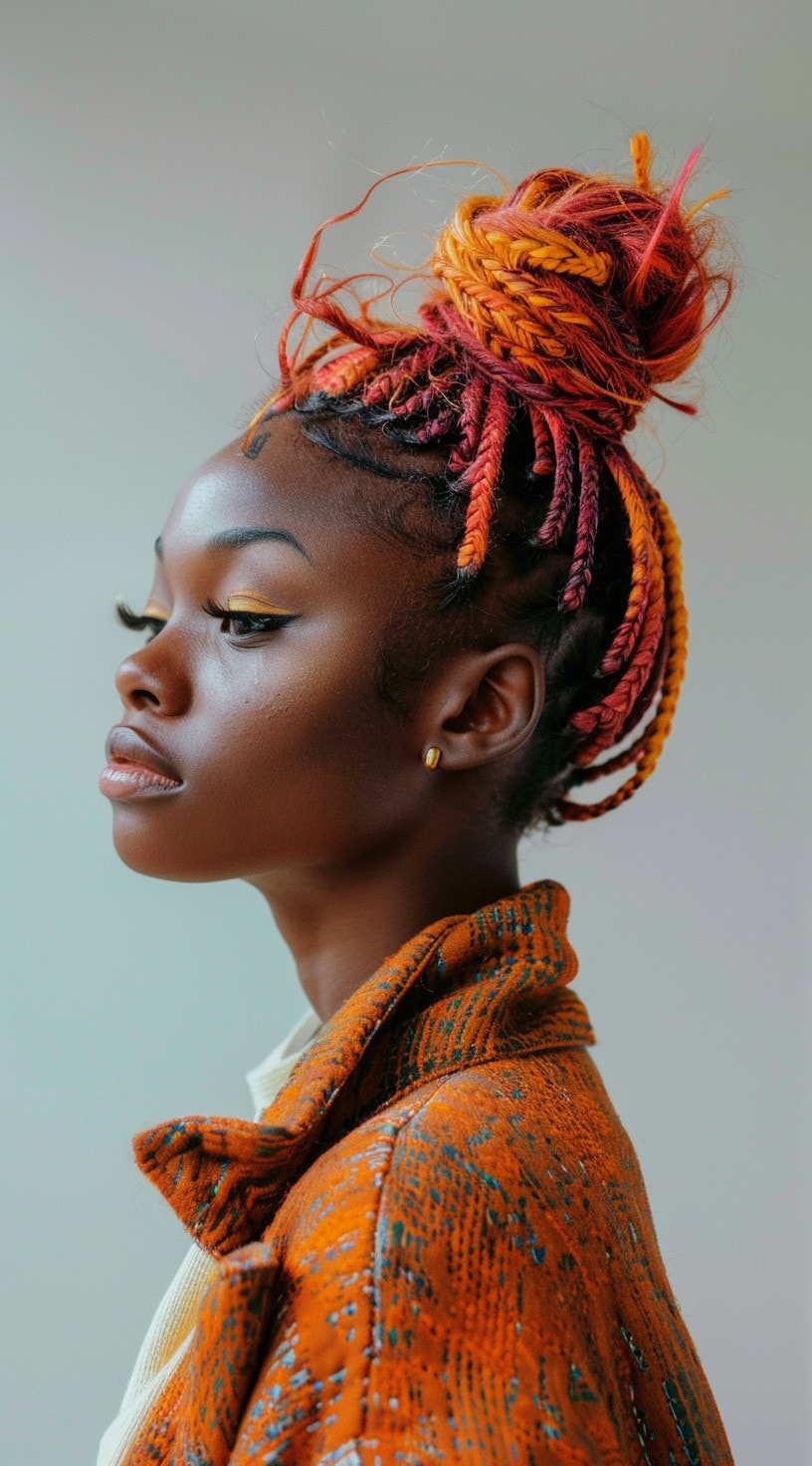 A side profile of a woman with a high braided bun and vibrant orange and red highlights.