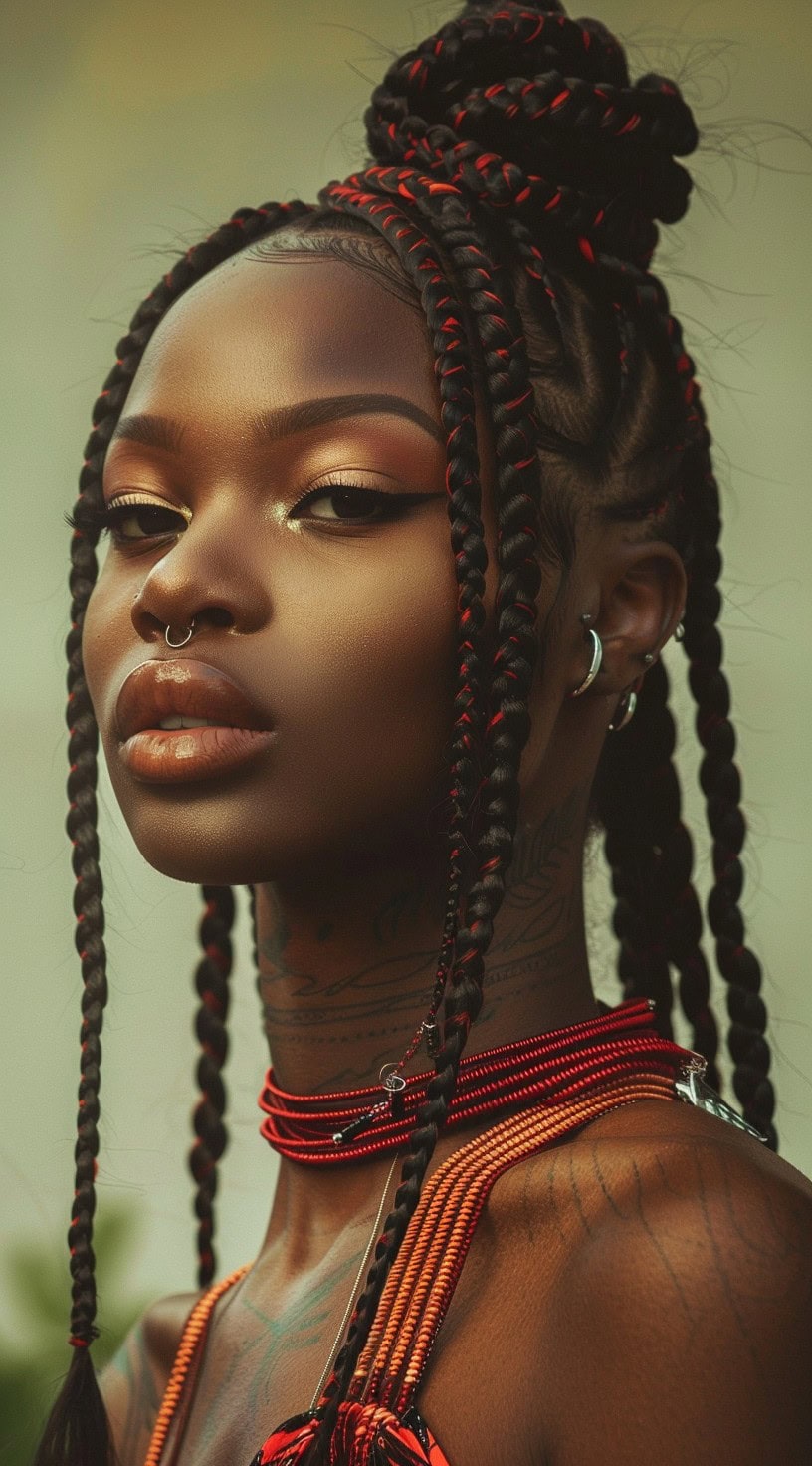 A woman with a high braided bun, cornrows, and red peekaboo highlights, looking confidently into the camera.