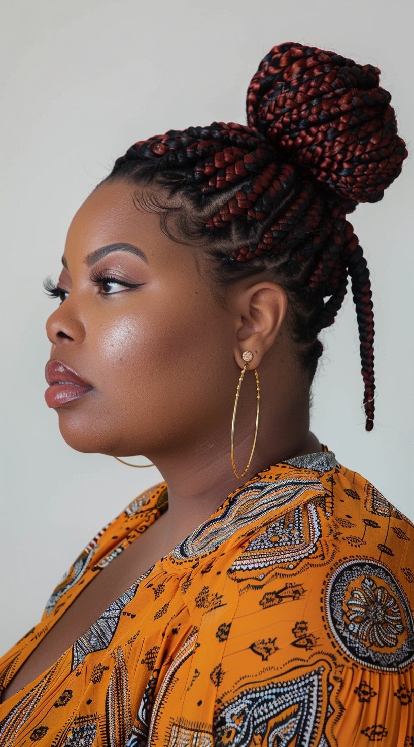 This image shows a black woman with a high braided bun, her hair intricately braided and styled into a large, elegant bun on top.