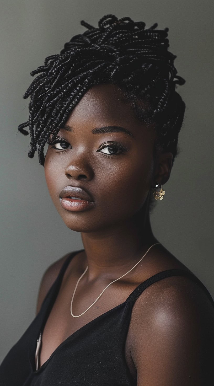 This picture shows a woman with crochet twists styled into a high bun.