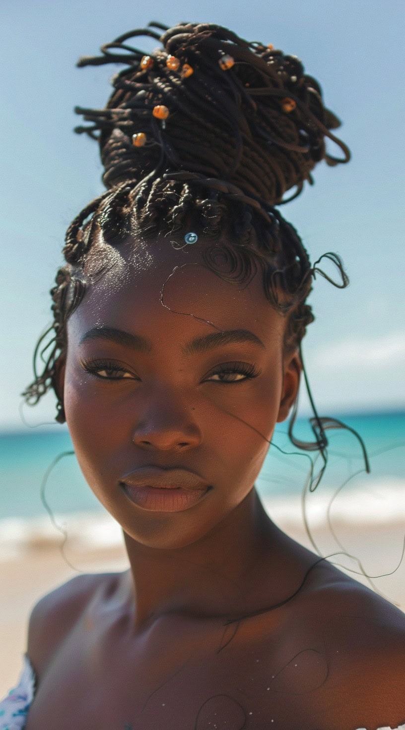 A woman with a high bun adorned with beads standing by the beach.