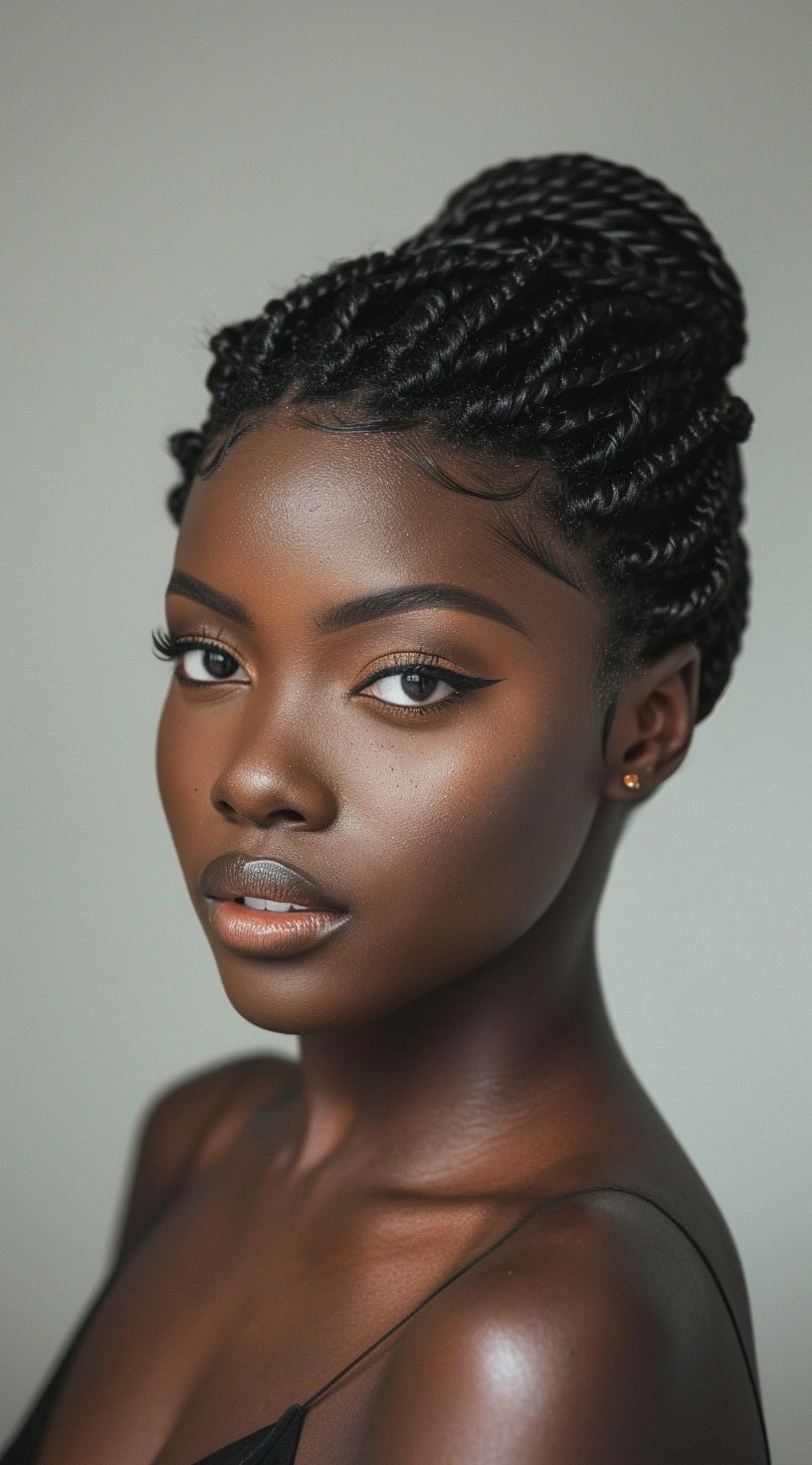 The photo shows a woman with a high bun made from crochet twists.