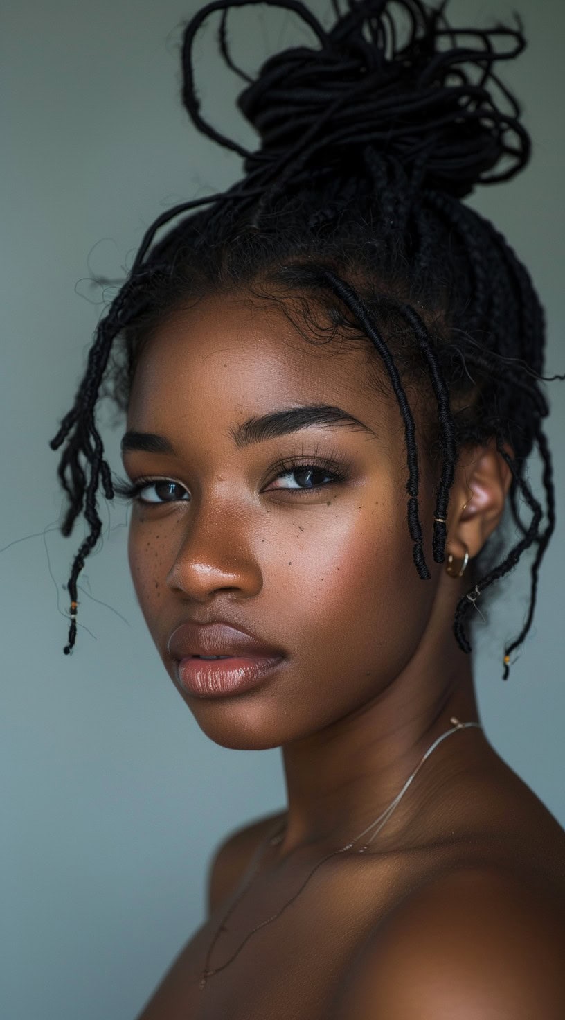 In this photo, a woman with thin locs styled in a high bun with a few tendrils framing her face looks into the distance.