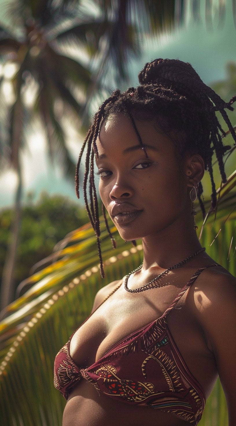 In the photo, a woman with a high bun and loose strands stands against a tropical backdrop.