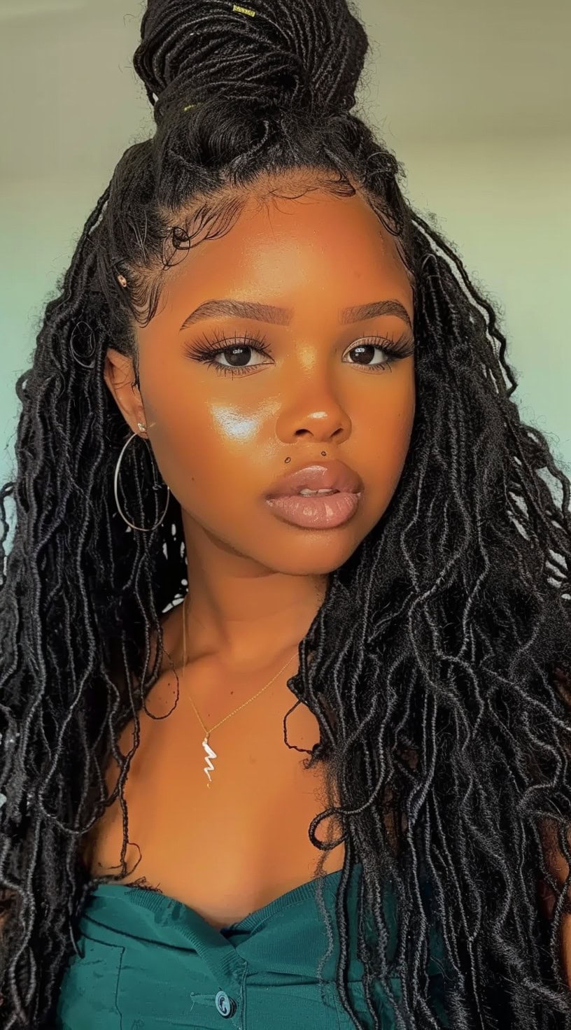 A young black woman with a high bun made of loose twists cascading down her shoulders, wearing hoop earrings and a green top.