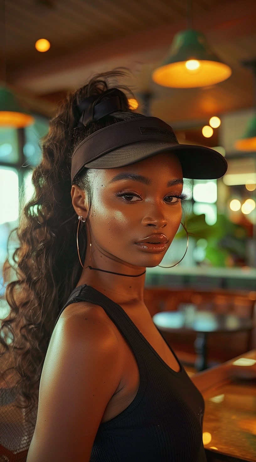 Close-up of a woman with a high, curly ponytail wearing a visor, in a well-lit indoor setting.