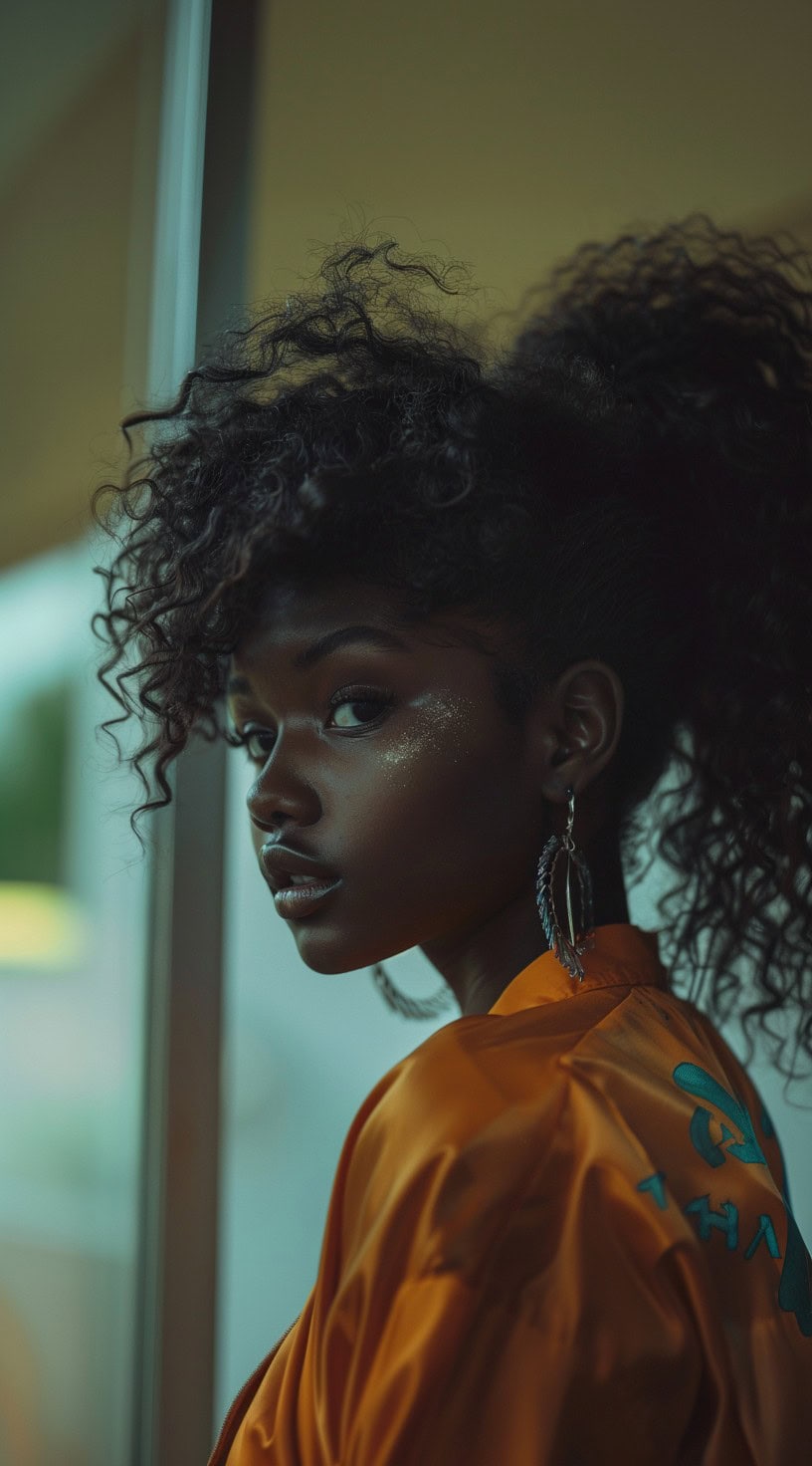 High curly ponytail with voluminous curls, shown in a side profile on a young woman.