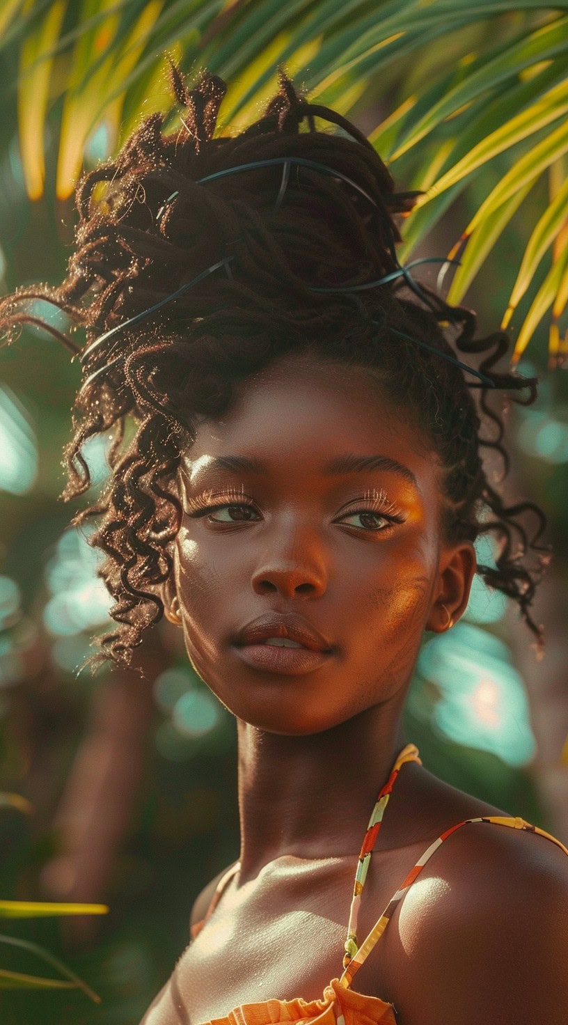 A woman with a high loc bun and curly ends posing with a backdrop of tropical greenery.