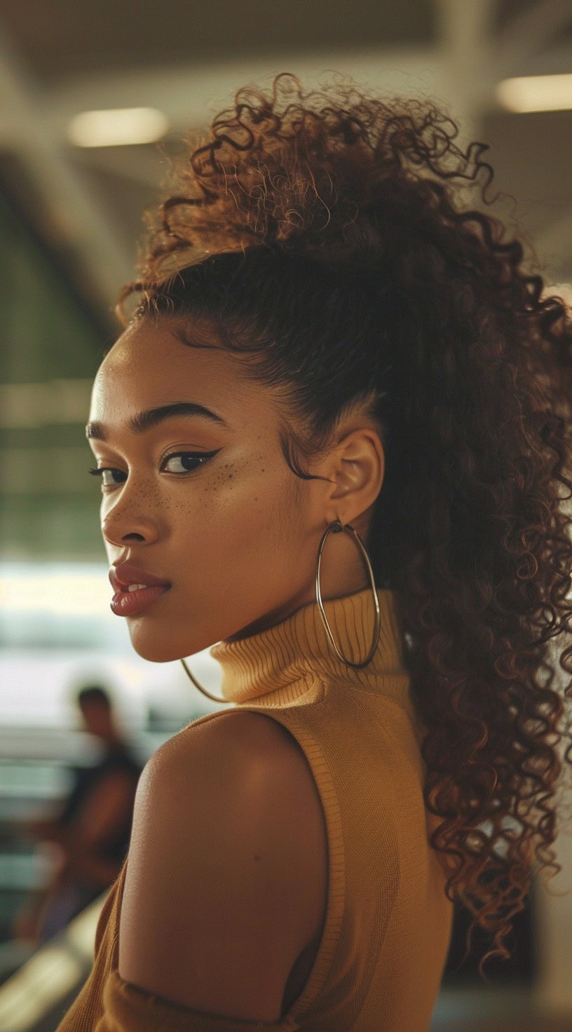 This photo shows a woman with a high, long curly ponytail.