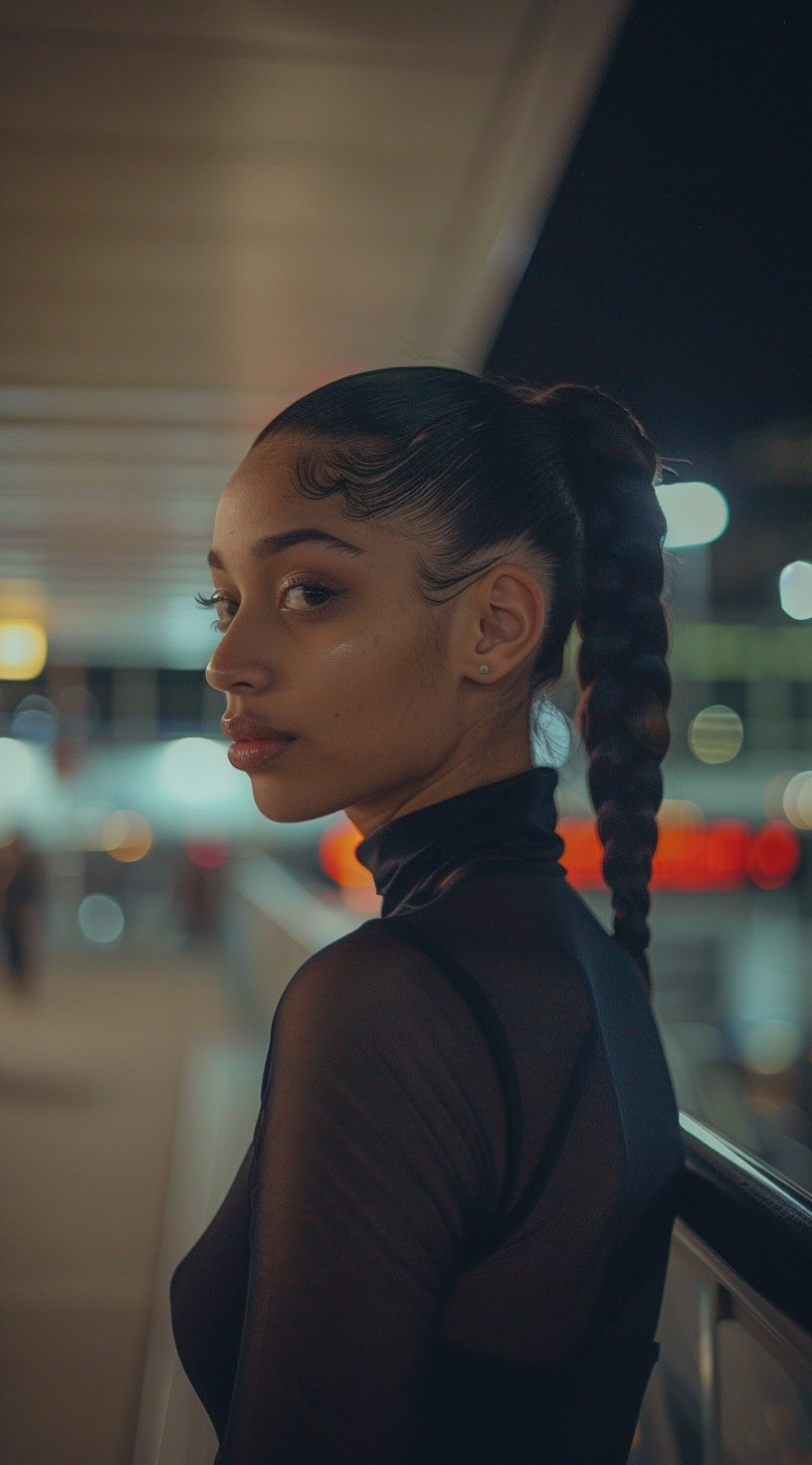 This photo shows a woman with a high ponytail styled into a braid.