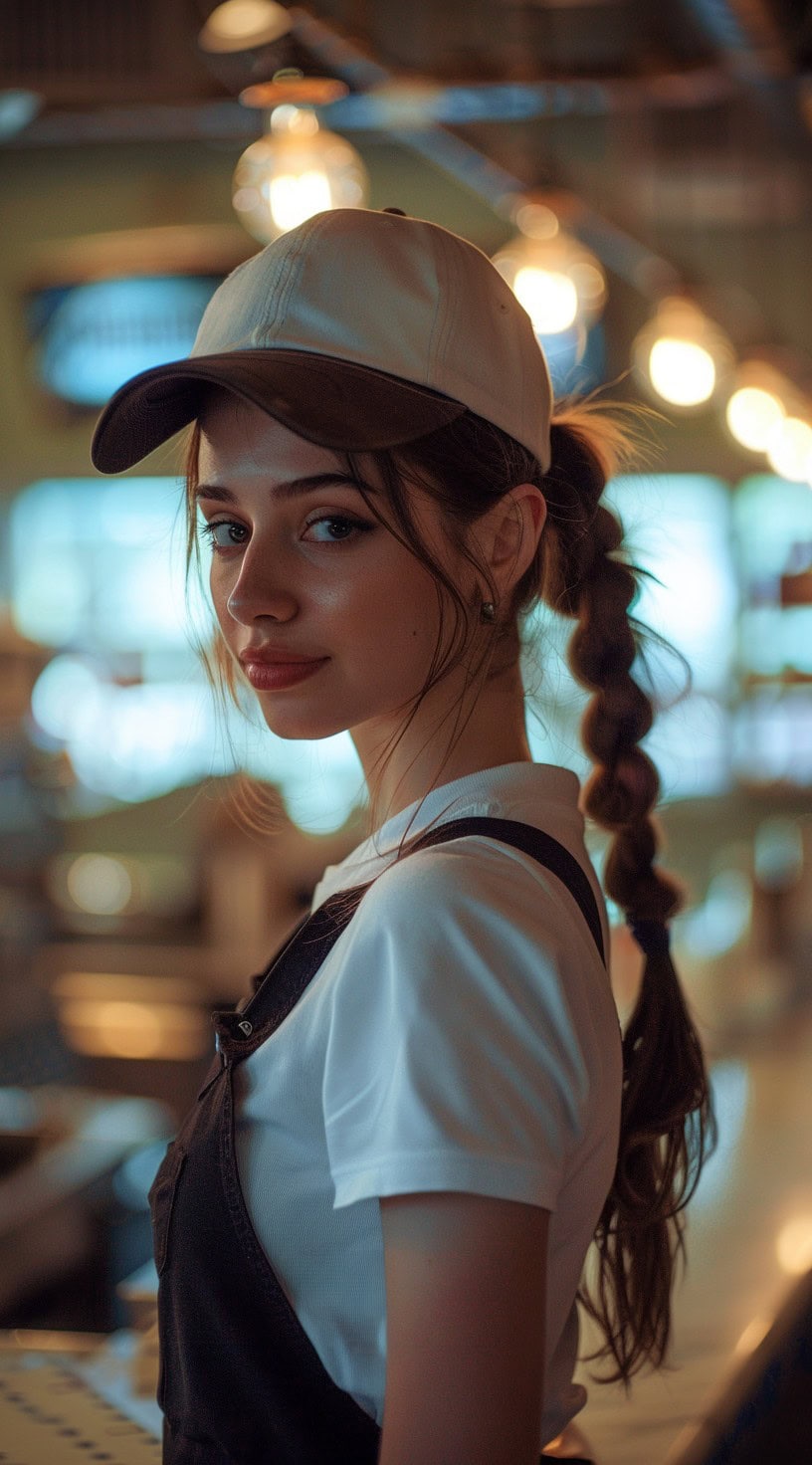 Side view of a woman with a high ponytail braid wearing a baseball cap in a well-lit indoor setting.