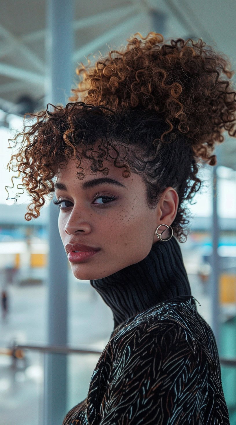 This photo shows a woman with curly hair styled into a high ponytail with bangs.