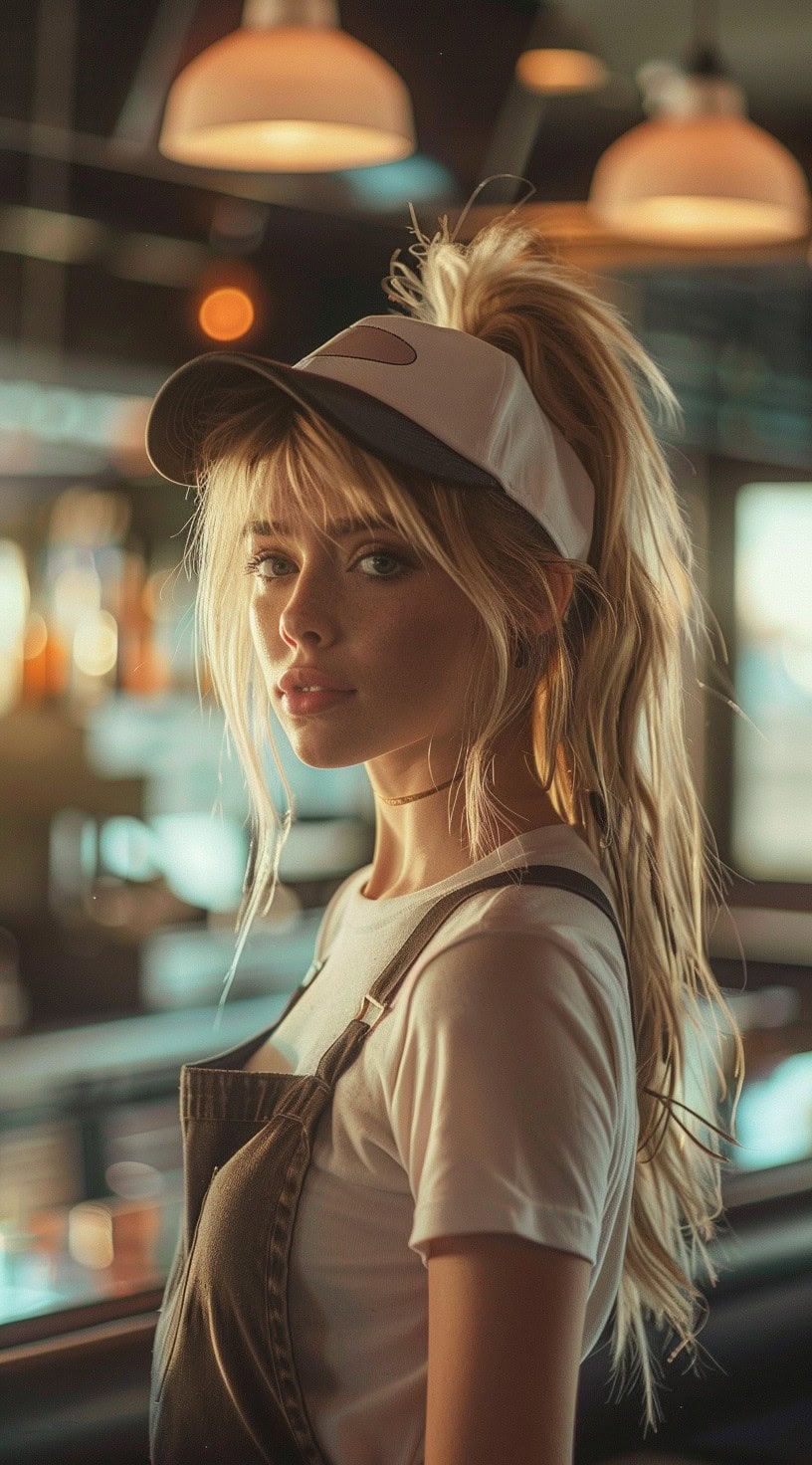 Side profile of a woman with a high ponytail and face-framing bangs, wearing a baseball cap.