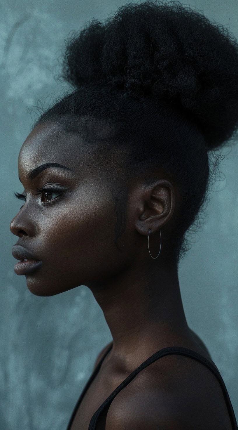 A high puff styled with natural hair pulled up into a voluminous bun on a woman.