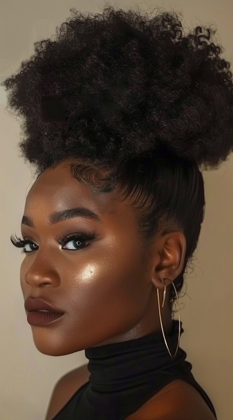 A woman with a high puff ponytail, her curls gathered at the top of her head.